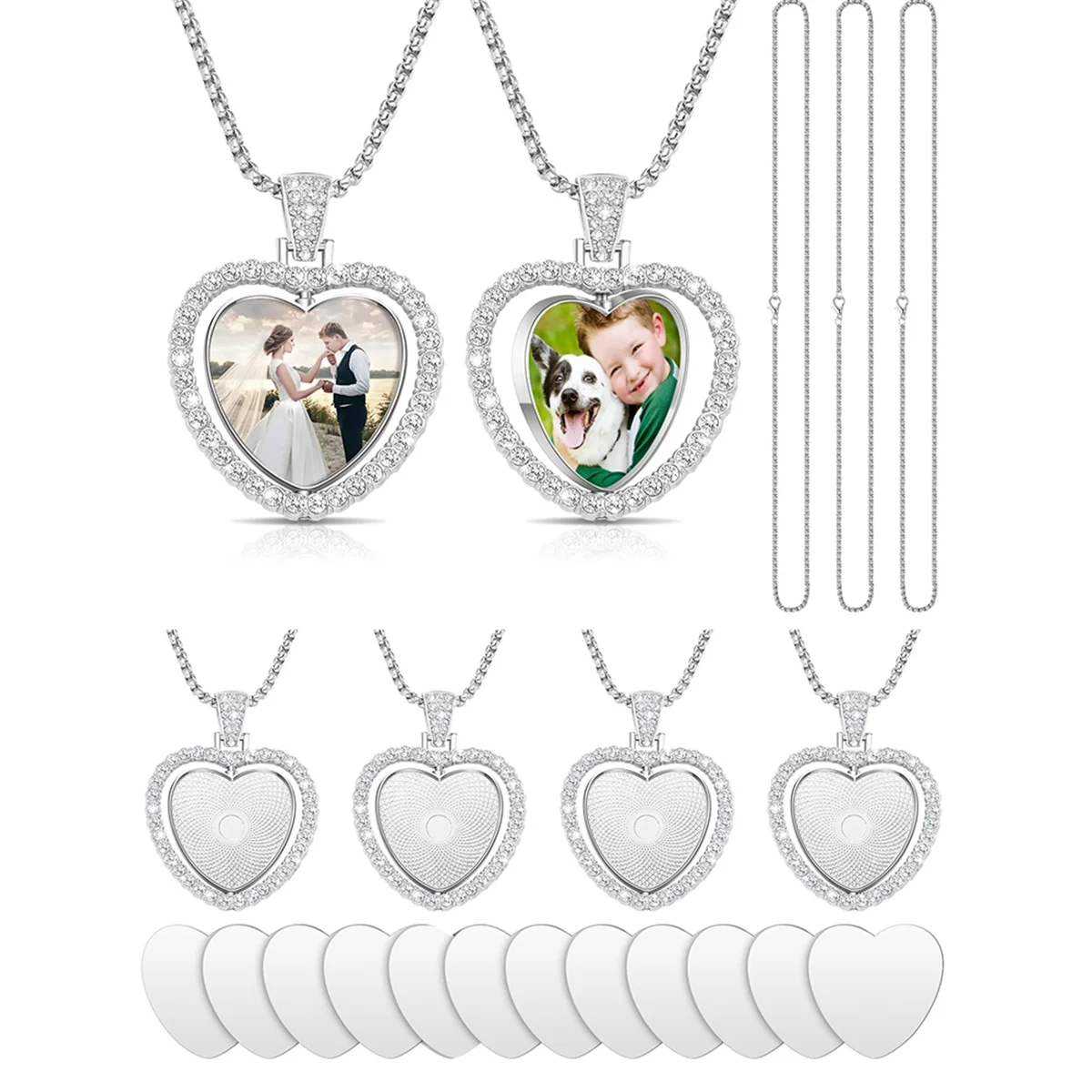 24Pcs Sublimation Rhinestone Trays Pendant Set, 6 Blank Bezel Trays, 6 Pcs Chains with 12 Discs, Heart Style