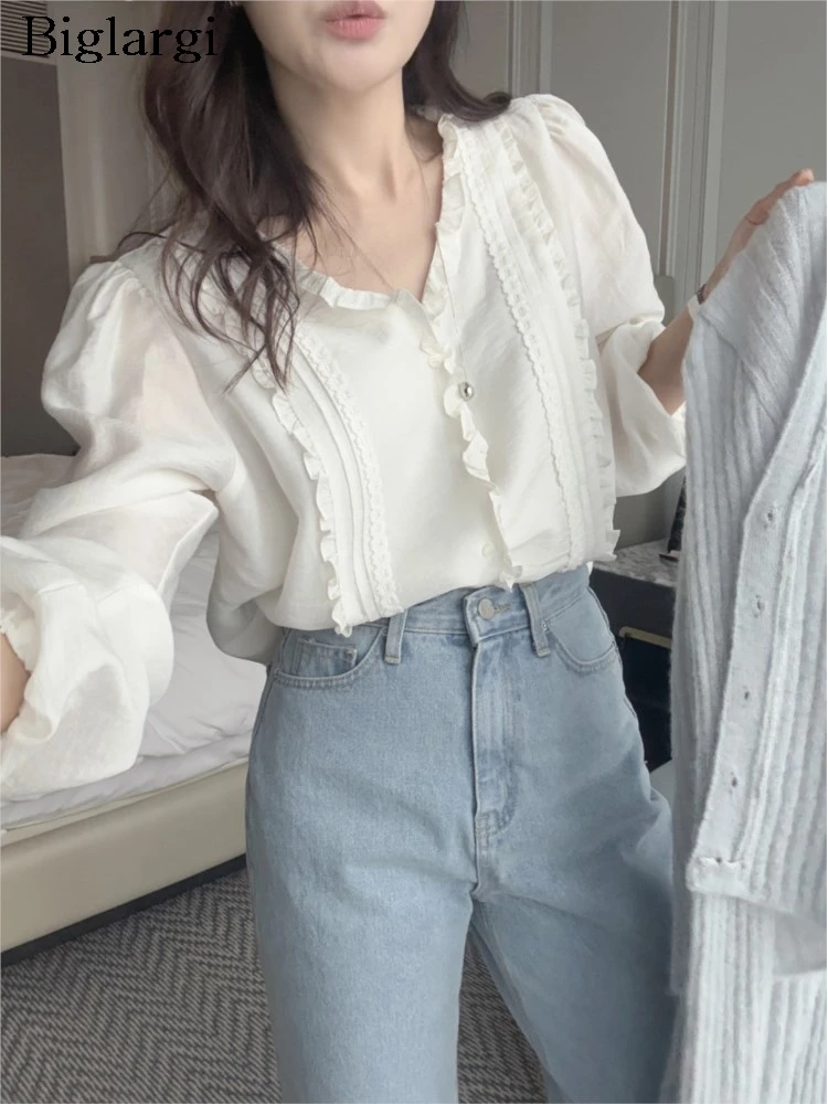 

Spring Autumn V-Neck Long Sleeve Shirts Women Ruffle Pleated Patchwork Modis Sweet Ladies Blouses Loose Korean Style Woman Shirt