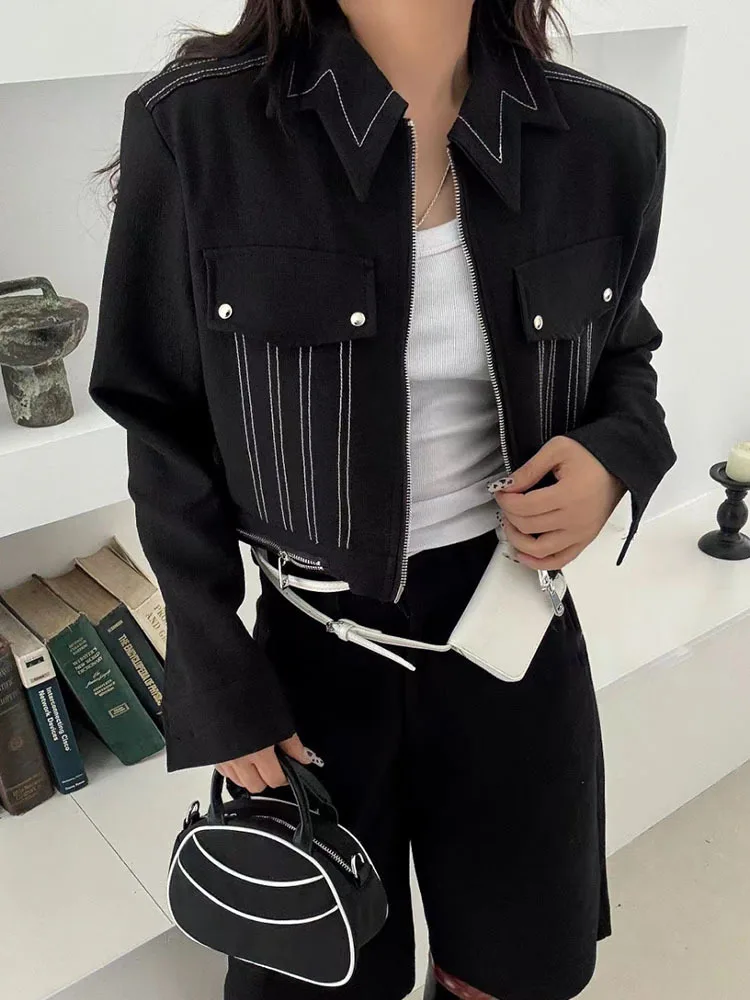 TWOTWINSTYLE Hit Color Patchwork Button Short Jackets For Women Lapel Long Sleeve Temperament Minimalist Slimming Coat Female