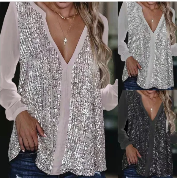 2023 Fashion Sequin Shirt Women Sexy Casual Long Sleeve Fall Streetwear Blouse Business Ldaies Loose Tops