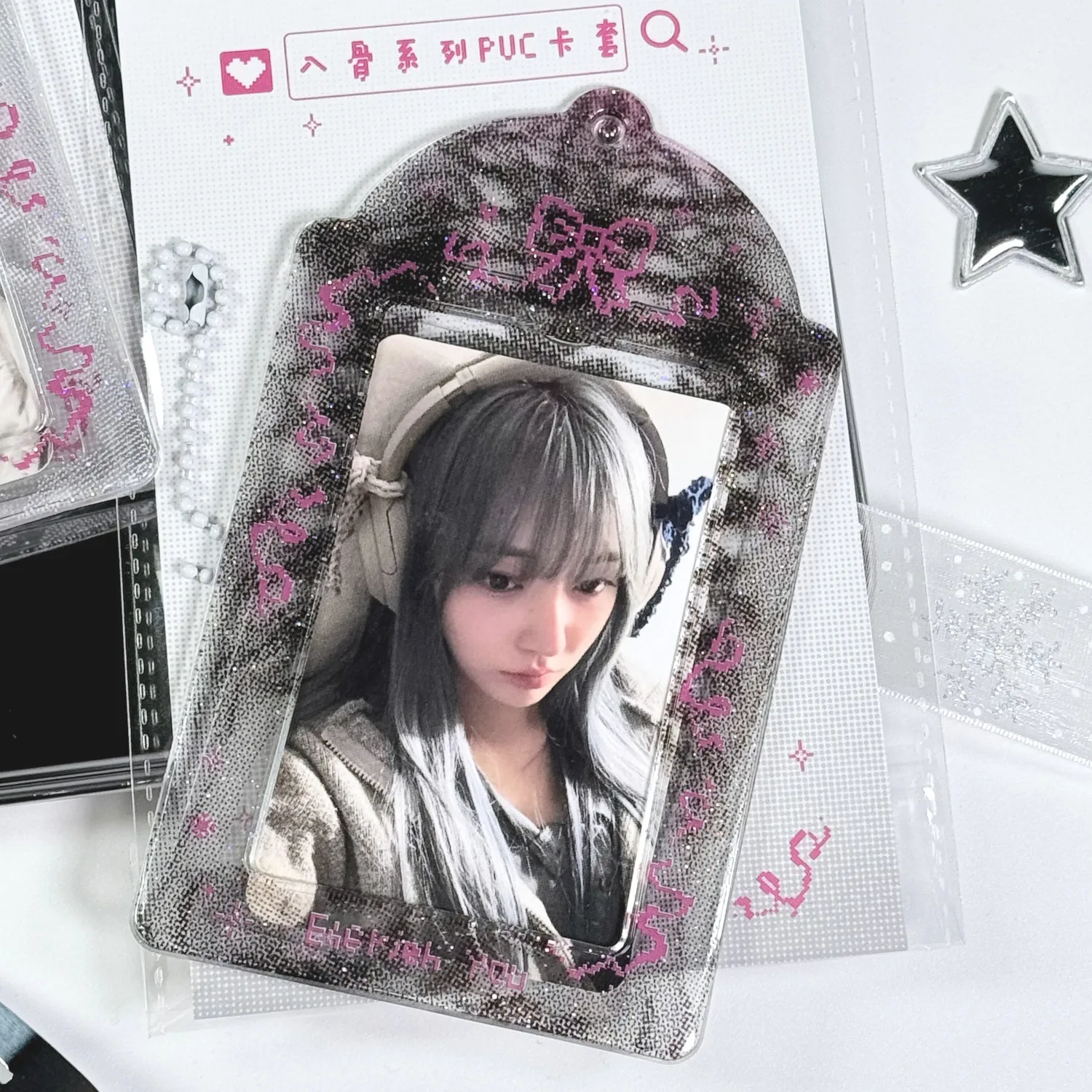 1Pc Y2K Sweet Cool Girl Bow Human Bone Transparent Card Holder KPOP Idol Photo Card Storage Protector Ita Bag Backpack Pendant