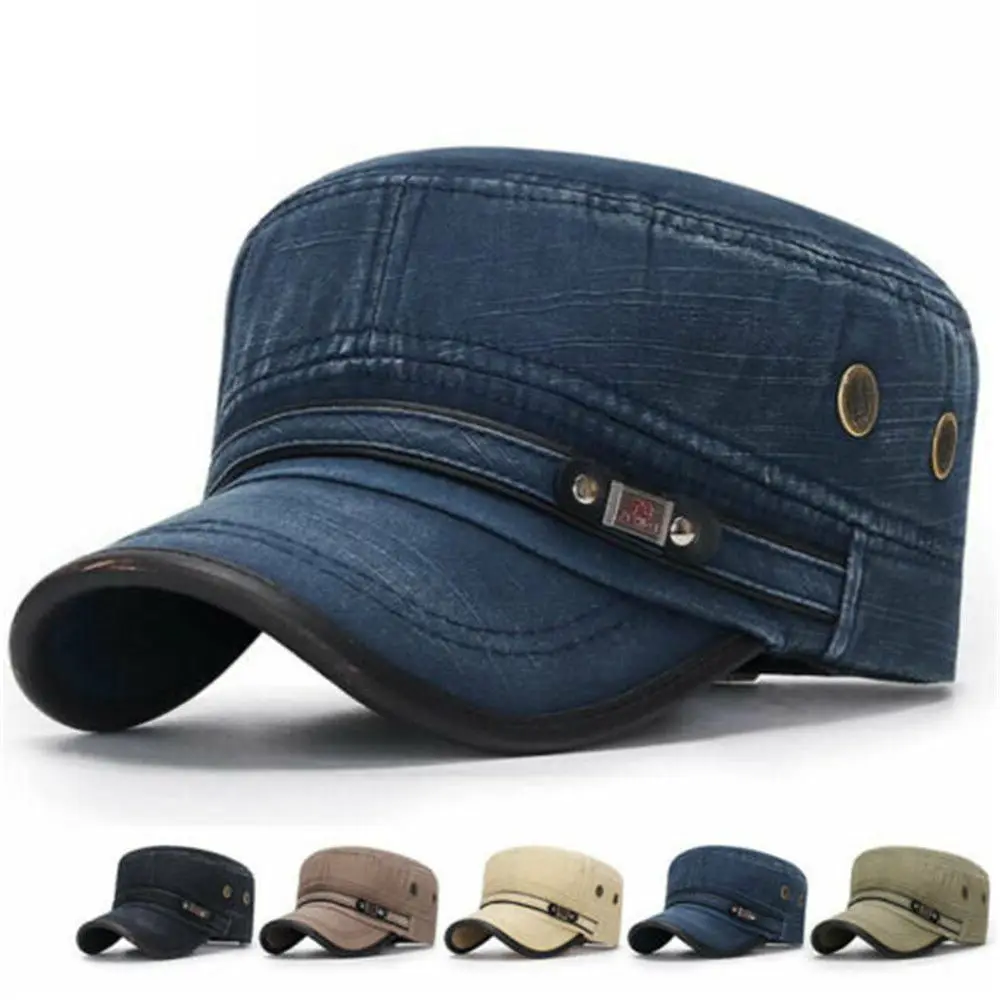 Men Army Denim Baseball Cap Cotton Cadet Hat Military Breathable Flat Adjustable Cap