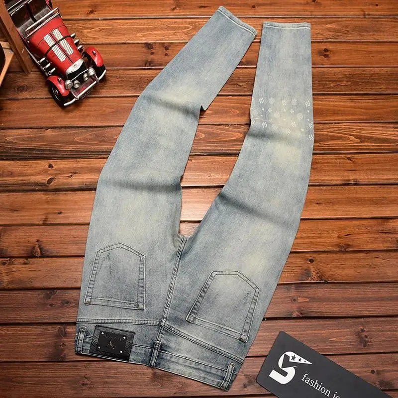 High end design, light luxury printed jeans, men's fashion trend, small foot stretch, slim fit, summer thin denim pants