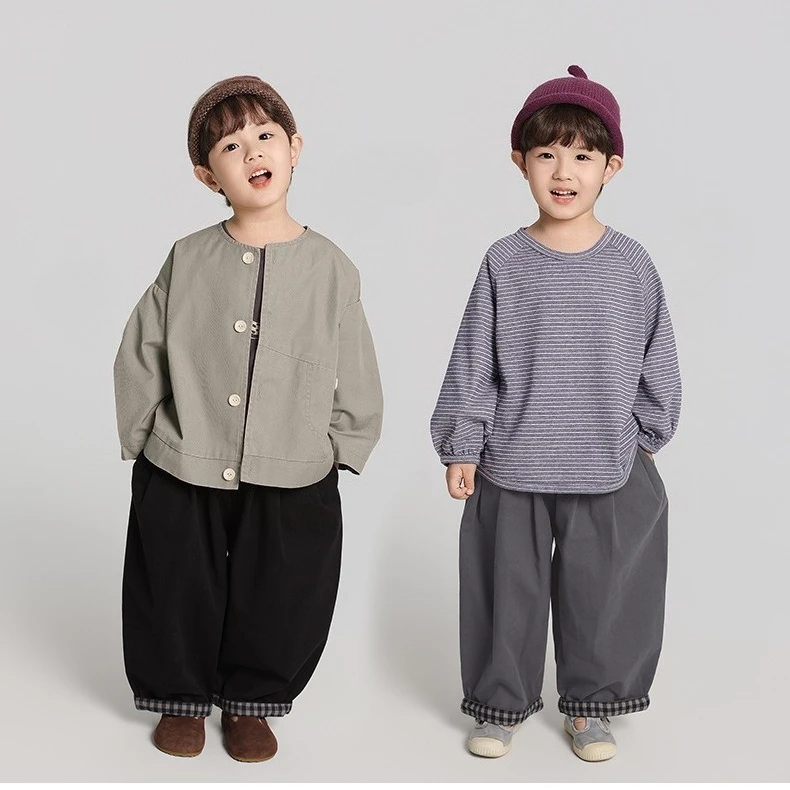 Boys Suit 2026 Spring and Summer New Childrens Clothes Korean Style Boys and Girls Casual Plaid Flanging Wide Leg Pants