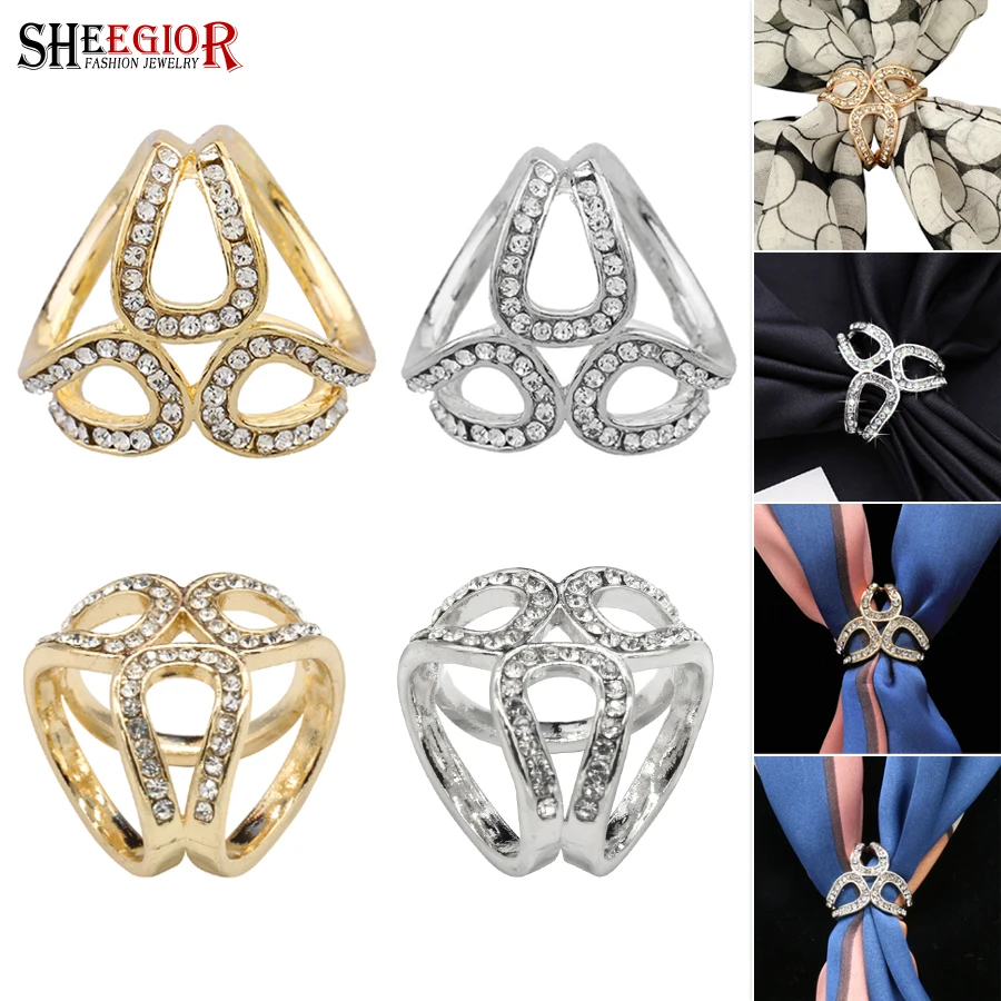 Hollow Geometry Rhinestone Silk Scarf Buckle Brooches Accessories Fashion T-shirt Clothing Clip Ring Brooch Decorative Ornaments
