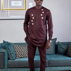 New luxury men's suit 2 piece trousers set polo shirt embroidery solid color long sleeve African festival ethnic style clothing