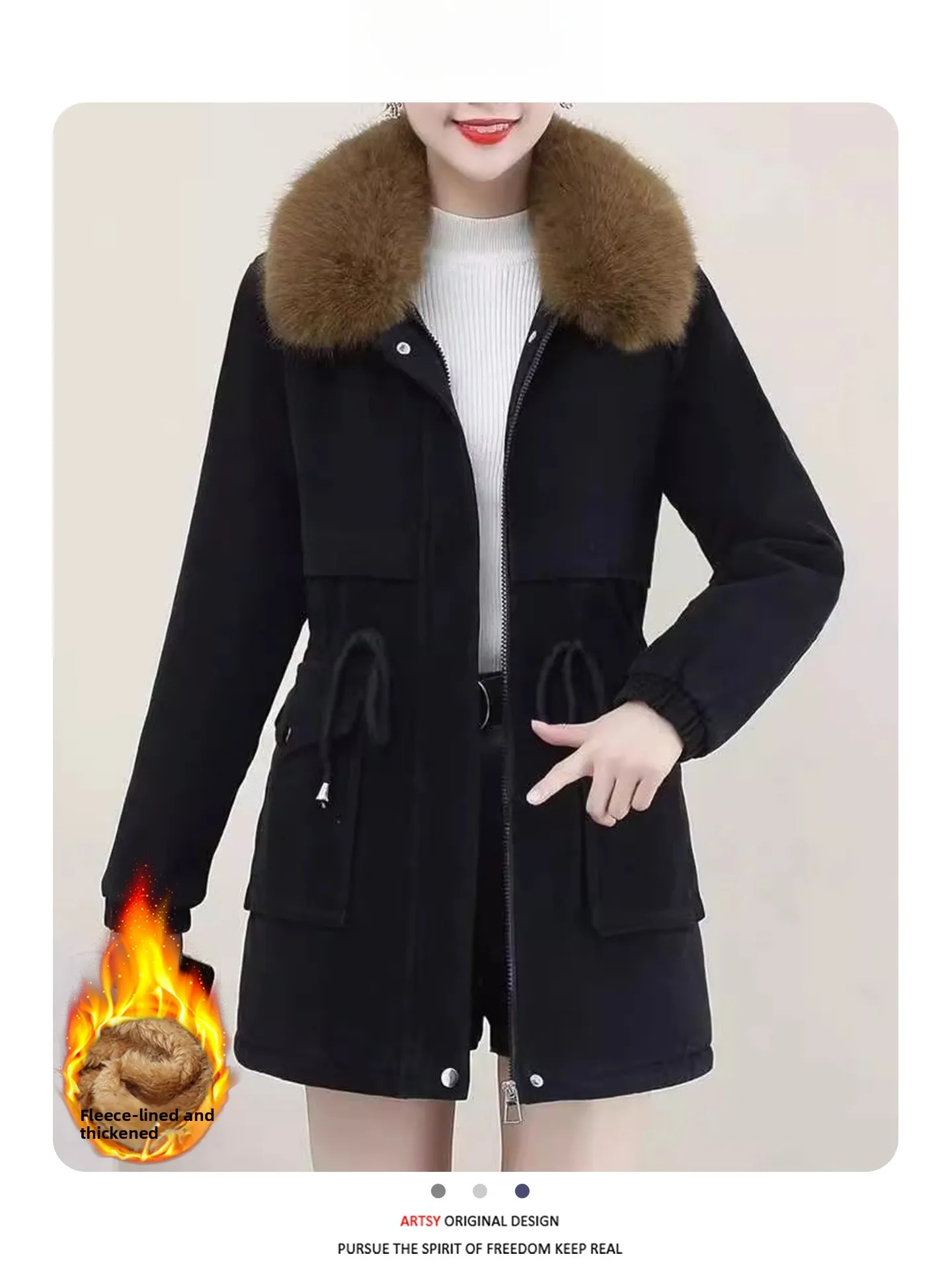 

Корейская женская зимняя теплая куртка прямого кроя с воротником из искусственного меха, на молнии, из смесового хлопка