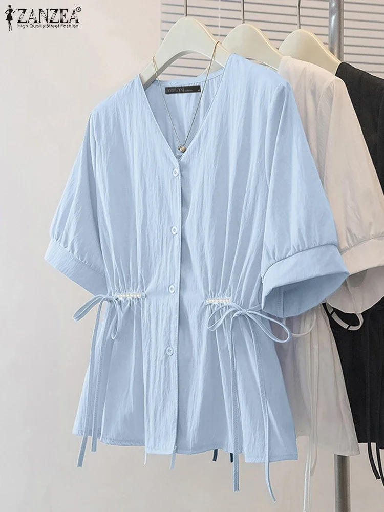 

2025 Summer Casual Short Sleeve Solid Button Shirts ZANZEA Stylish Women Blouses V Neck Tops Tunic Elegant OL Work Blusas Femme