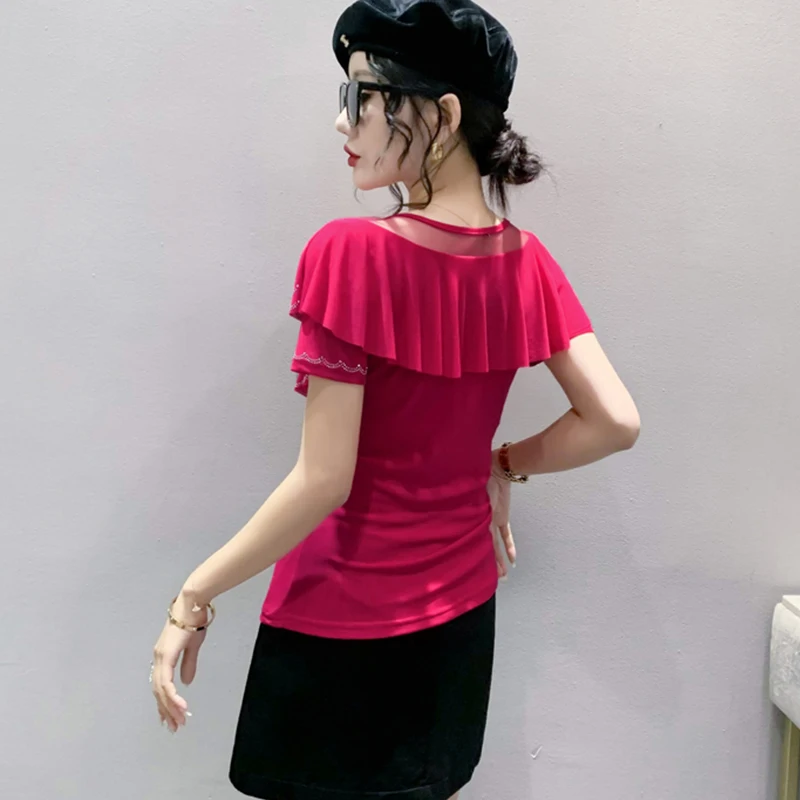 Czarny letni koreański styl T-Shirt Chic Patchwork Ruffles Shiny Diamonds Topy damskie Sexy Back Koszulki z krótkim rękawem 2025 Nowość 43196