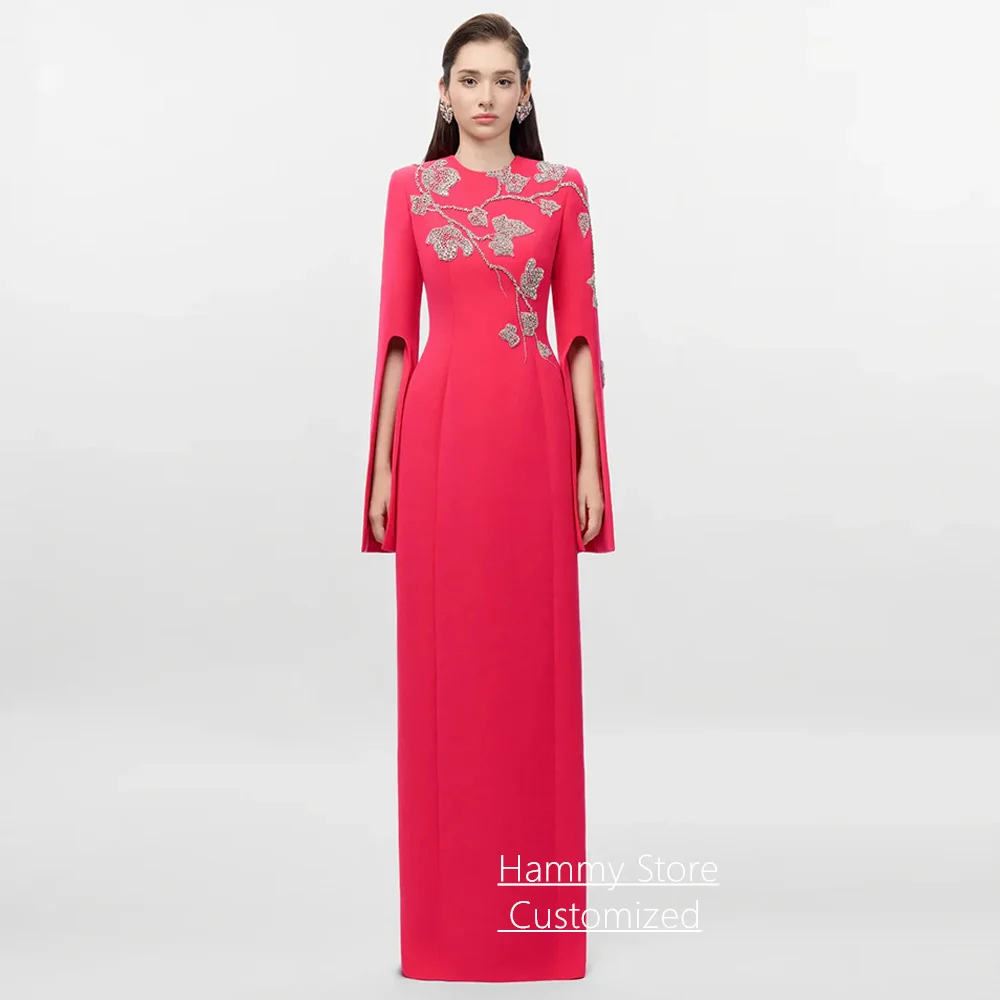 

Fashion Evening Dress Customized Round Neck Long Sleeve Woman Beading Party Gown Arabian Special Occasion Dresses