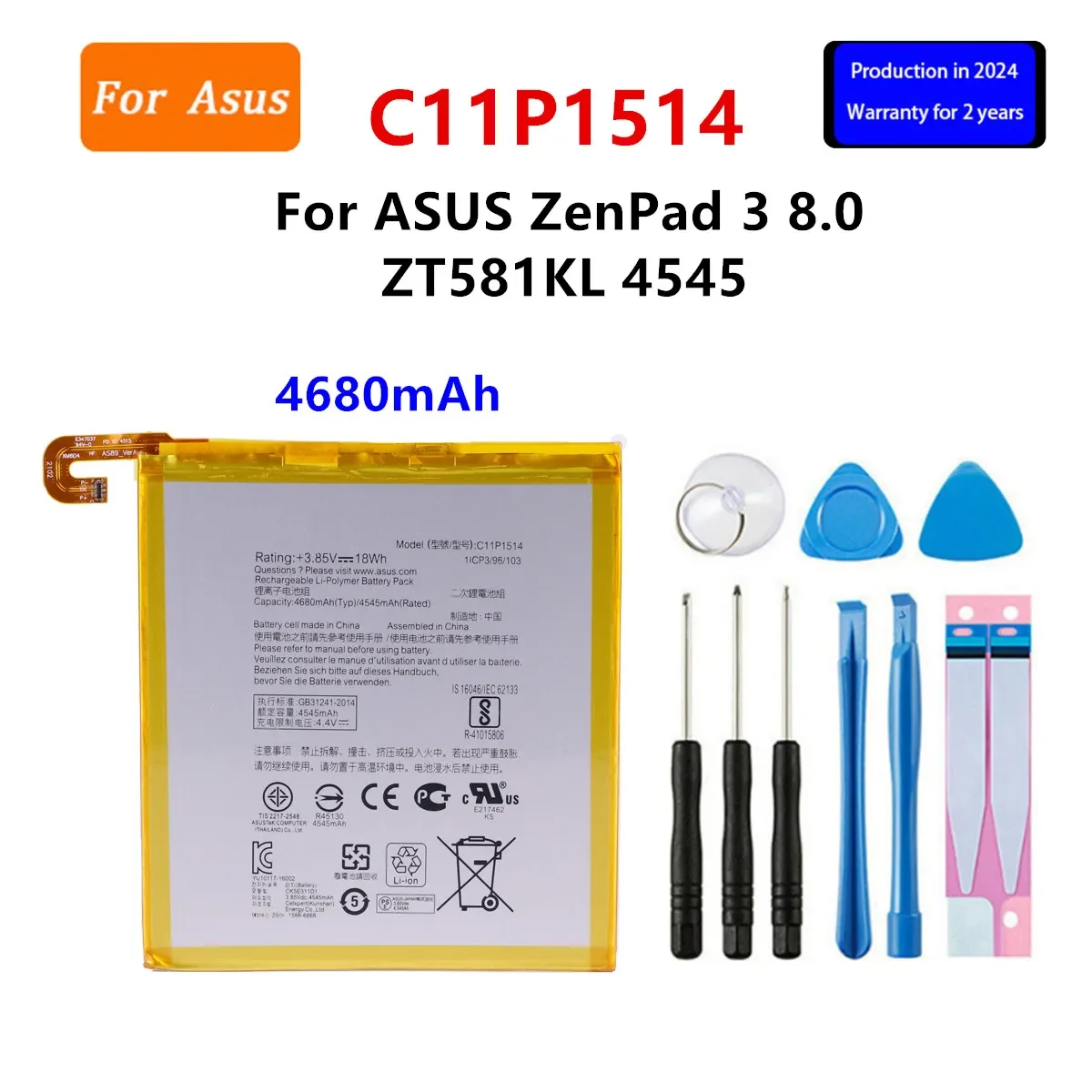 Asus用バッテリーc11p1514,4680mah,Zenpad 3 8.0,zt581kl,4545,p800,タブレット用,新品