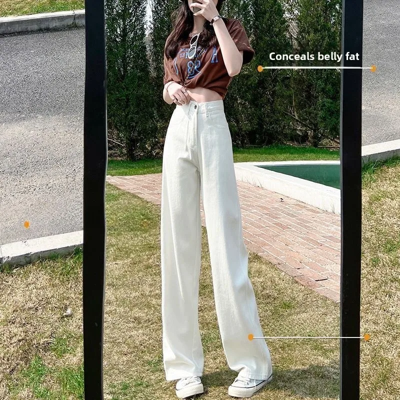 

plus Size Women's High Waist Wide Leg Jeans White Loose Fit Straight Cut Floor Length Pants Spring Autumn Korean Trendy