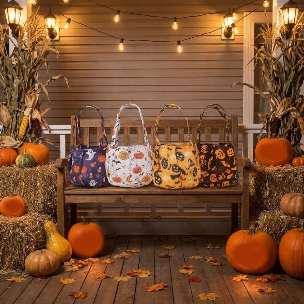 Portable Halloween Candy Bag Polyester Non-Woven Trick-or-Treat Bag Cotton Stuffed Double-Handed Handle Pumpkin Candy Bucket