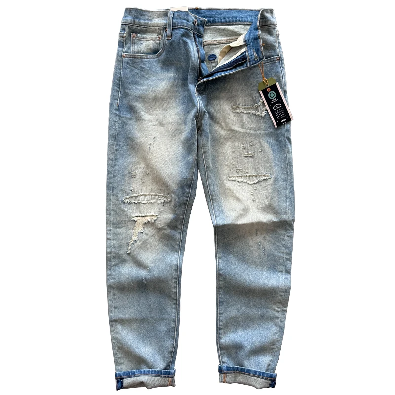 Lichte stretch voor comfort Heren Distressed Patch Slim Tapered Denim Jeans met rechte pijpen Dikke herfst/winter gewassen vintage