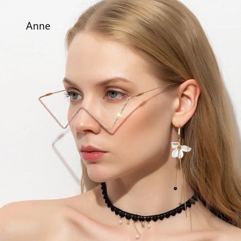 INS Crystal V Shape Glasses Frame Women Punk Style Half-frame Eyeglasses Frames Without Lens Diamond Steampunk Sunglasses Frames