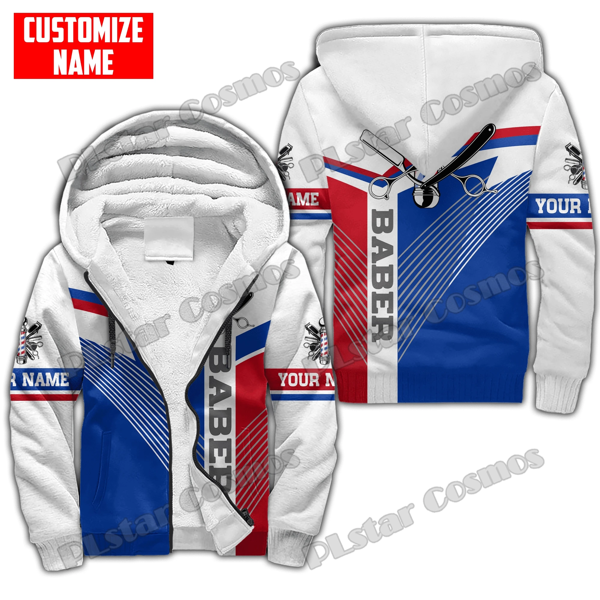 

Personalized Name Barber 3D Printed Fleece Zipper Hoodies For Men Women Winter Casual Thick Warm Hooded zipper jacket JR13