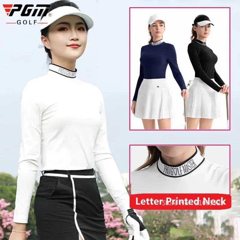 PGM Winter Autumn Golf Shirt Women Warm Velvet Long Sleeved Golf Clothing High Neck Slim Sports Tops Ladies Fitness Wear