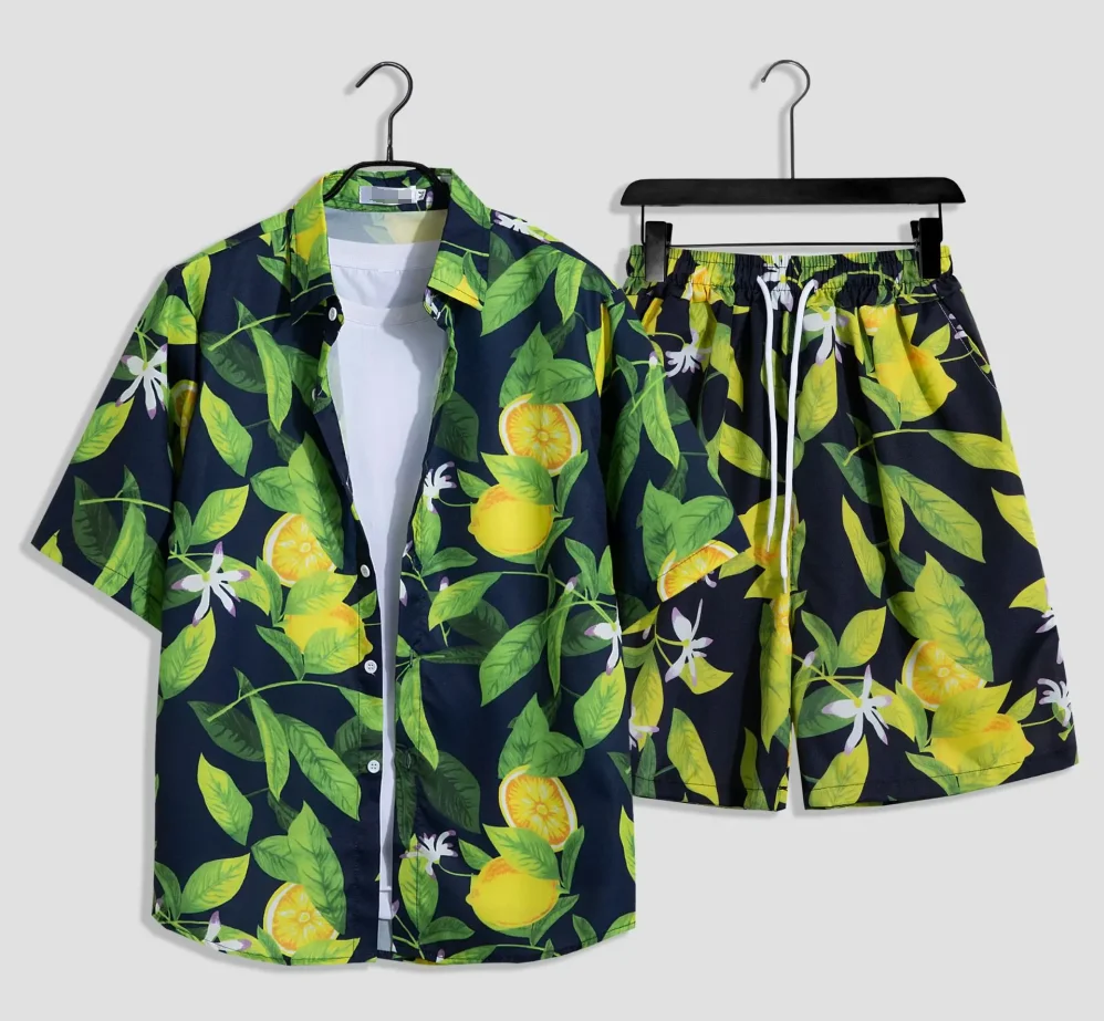 

НОВЫЕ мужские модные комплекты с принтом, рубашка с коротким рукавом + шорты, костюм из 2 предметов, свободная летняя повседневная пляжная одежда, мужская гавайская одежда для отдыха