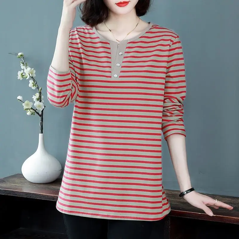 Women Korean Fashion Striped Print Patchwork Long Sleeve T-shirt 2024 Autumn Casual V Neck Loose Comfortable Basic Tops Female