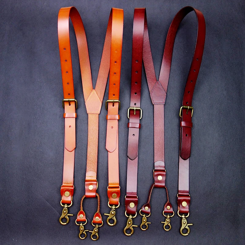 2.4*145CM Vintage Leather Men's Suspenders 4-Hook Y-Back Suspenders For Men's Pants Braces Man Women Men's Slip Suspender