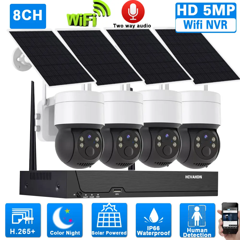 

PTZ 4MP WIFI Solar Video Surveillance Kit Two Way Audio House Protection IP Cam NVR Kit 8CH 5MP Wireless Security Camera System