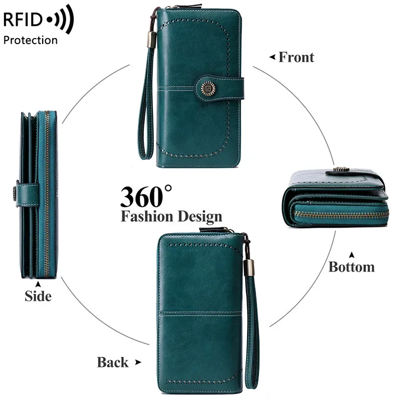 Women's PU Leather Long Wallet RFID Anti-magnetic Zipper Wallet Fashion Large-capacity Banknote Card Bag Coin Purse Clutch Bag