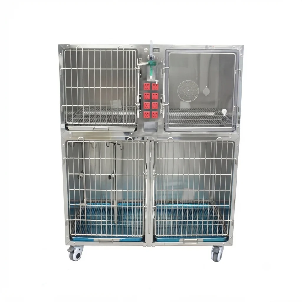 Heavy Duty Stainless Steel Pet Oxygen  Cage Veterinary Clinic Hospital Dog Cat Boarding Cage with Power Sockets