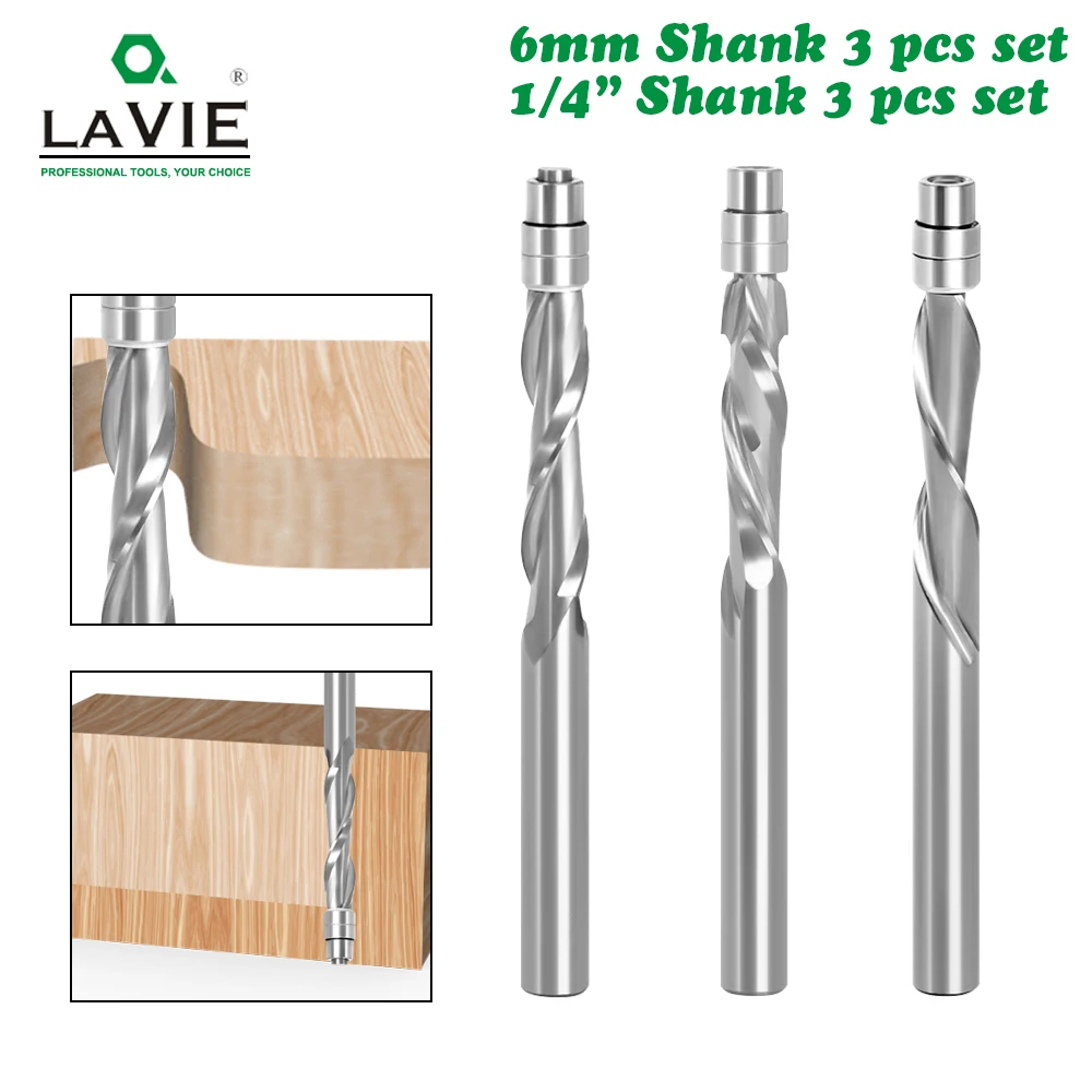 

LAVIE 3Pcs 6mm 6.35mm Shank Solid Carbide Bearing Guided Two Flute Flush Trim Router Bits Woodworking Milling Cutters Z06AT3A