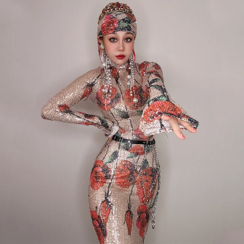 Nowa wysoka elastyczność z kapturem cekiny kamienie sukienki imprezowe kobiety piosenkarka suknia wieczorowa wybieg sceniczny kostium Gogo stroje festiwalowe ﻿