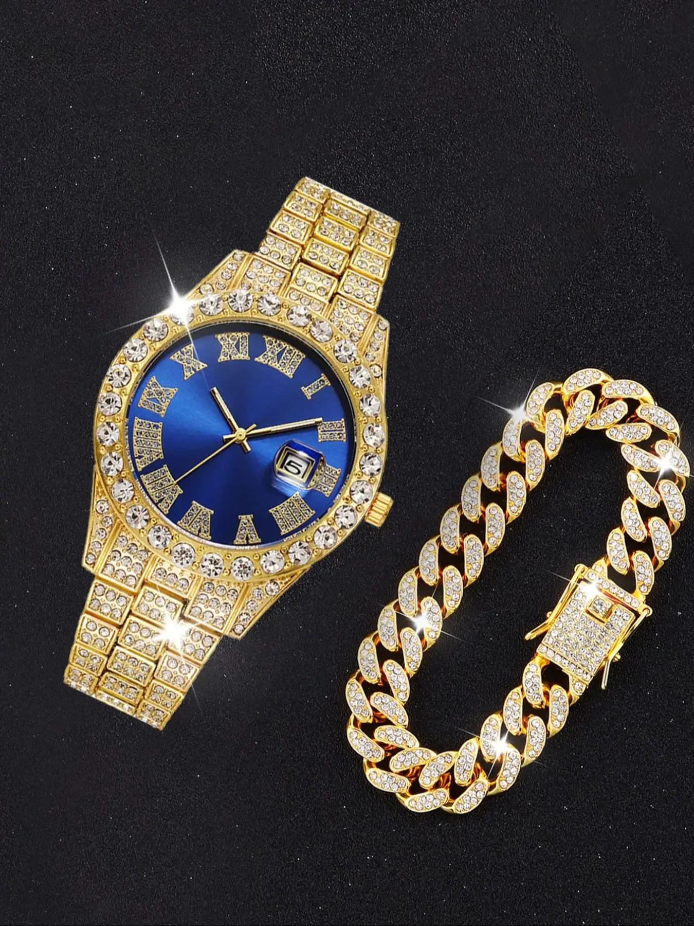 

Hip hop Full Diamond Men's Watch Personalized Large Dial Full Diamond Calendar Fashion Watch Set