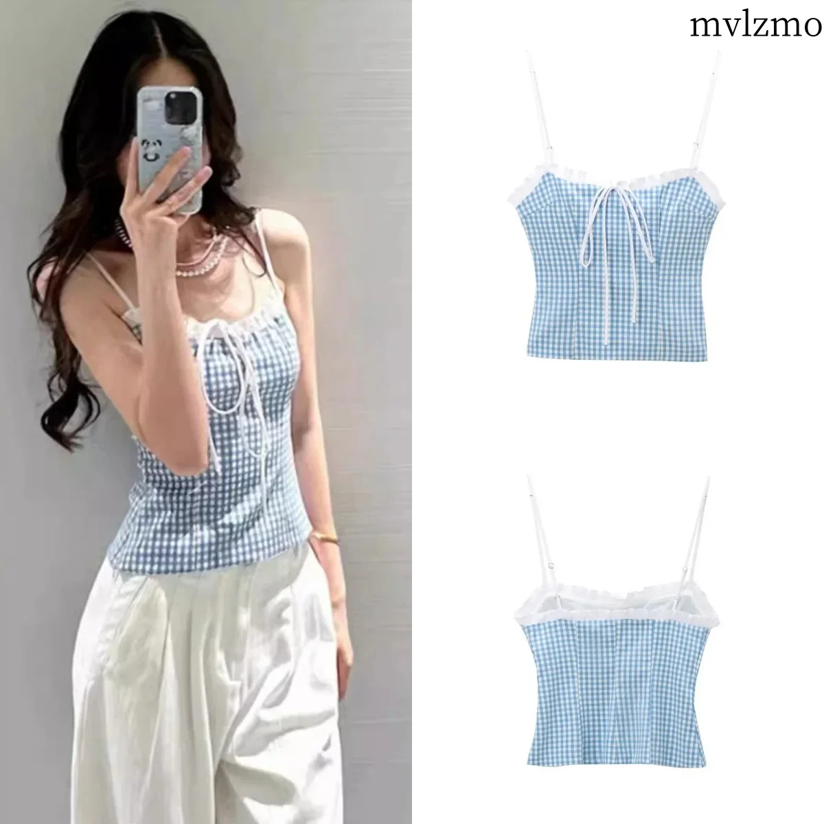 

Summer Women's Sweetheart Neck Bow Casual Plaid Top Ruffled Sleeveless Sexy Spaghetti Strap Round Neck Top