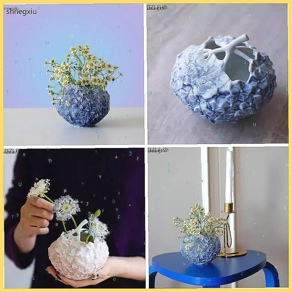 Hortensien-Keramikvase, Künstliches Blumenarrangement für den Schreibtisch, Ästhetische Raumdekoration