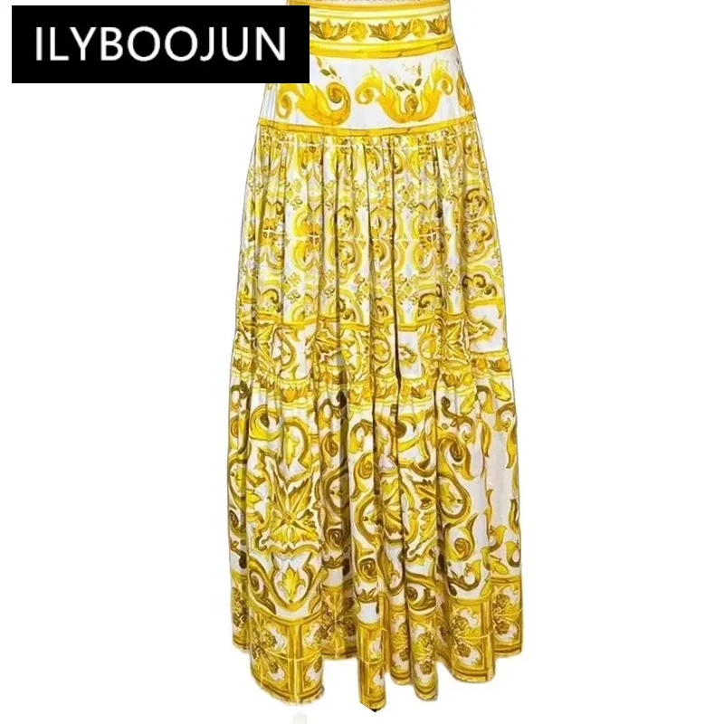 

ILYBOOJUN Fashion Designer Summer Cotton Indie Folk Print Skirt Women's High Waiste Vintage Party Skirt