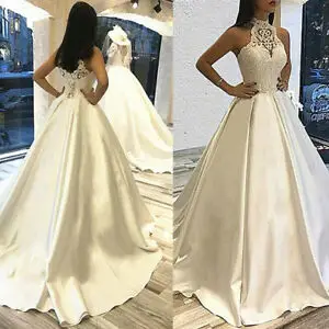 

ANGELSBRIDEP Ball Gown Halter Satin Wedding Dress A Line Bridal Gowns Robes Soirée Sleeveless Appliques Vestidos de festa