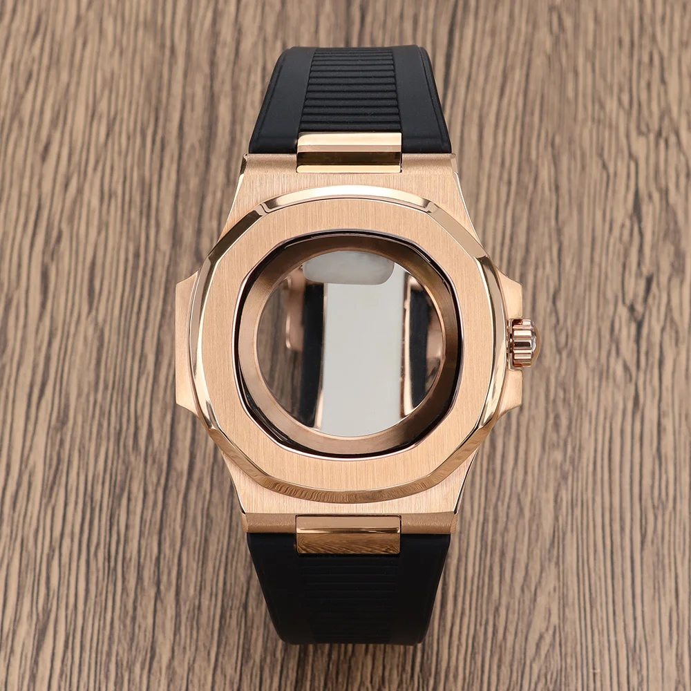 

40mm Watch Case Rubber Strap NH35 Accessories Sapphire Crystal Rose Gold Parts For Nautilus NH35 NH36 NH38 Movement 30.5mm Dial