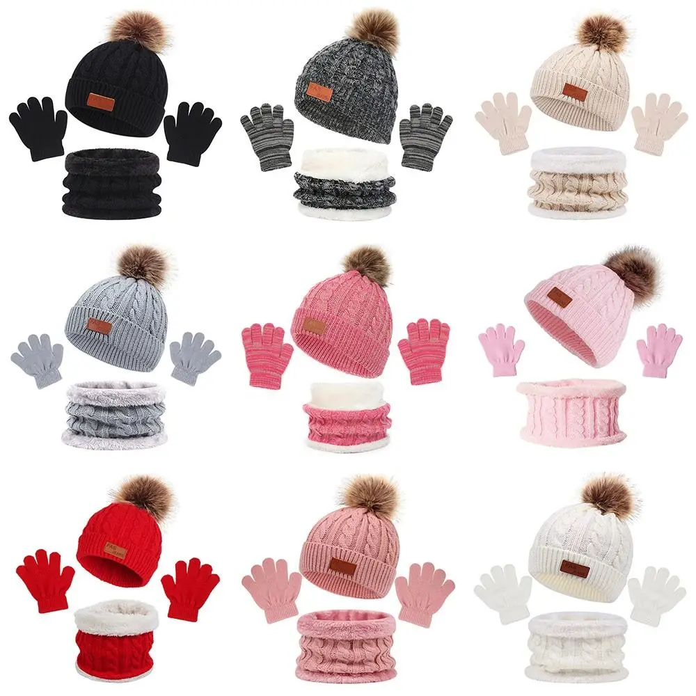 Set Topi, Syal, dan Sarung Tangan Musim Dingin yang Hangat, Anti Angin, untuk Balita, Topi Rajut Tebal Lembut dengan Pompom untuk Anak-Anak