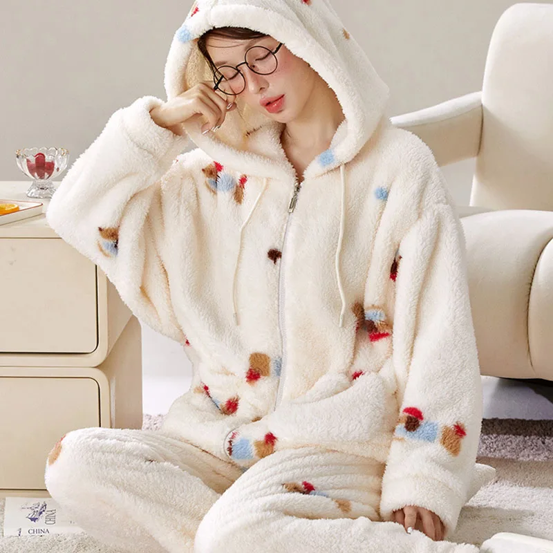 2025 الخريف الشتاء الدافئة مبطن سميكة منامة للنساء الكرتون لطيف مقنعين سترة Homewear عادية لينة بيجامة 2 قطع مجموعة