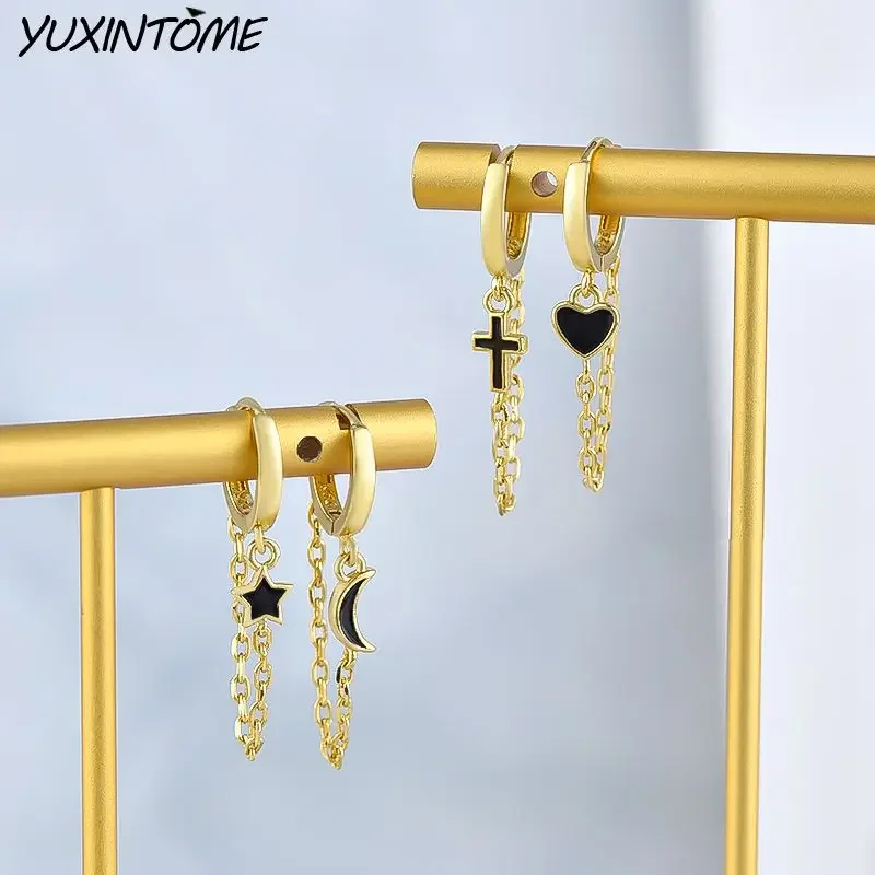 New 925 sterling silver ear needle Enamel heart/star/cat claw hoop earrings for women chain earrings fashion jewelry accessories