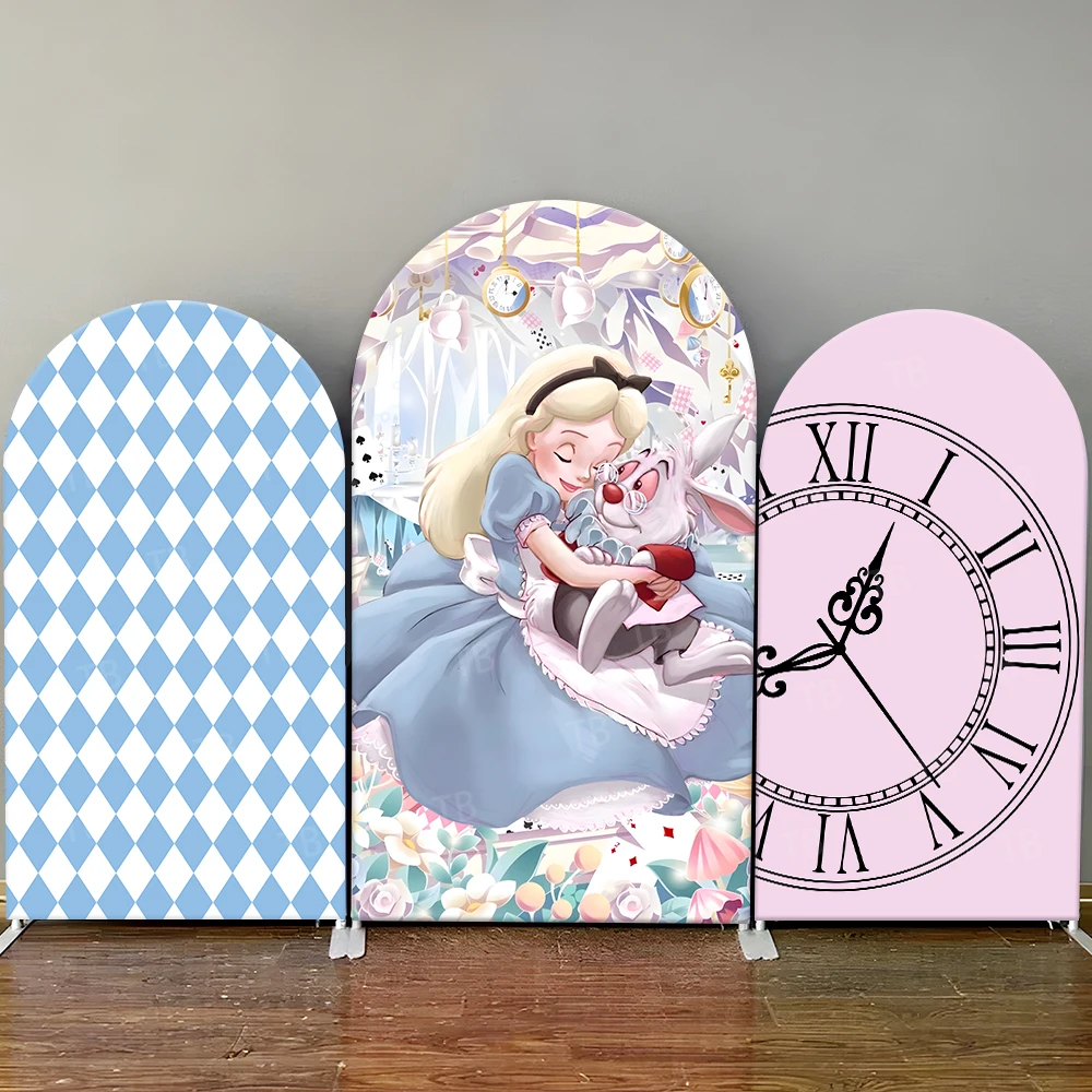 

Alice in Wonderland Arch Backdrop Cover Checkerboard Clock Elements, Whimsical Photo Booth Props for Parties & Home Decoration