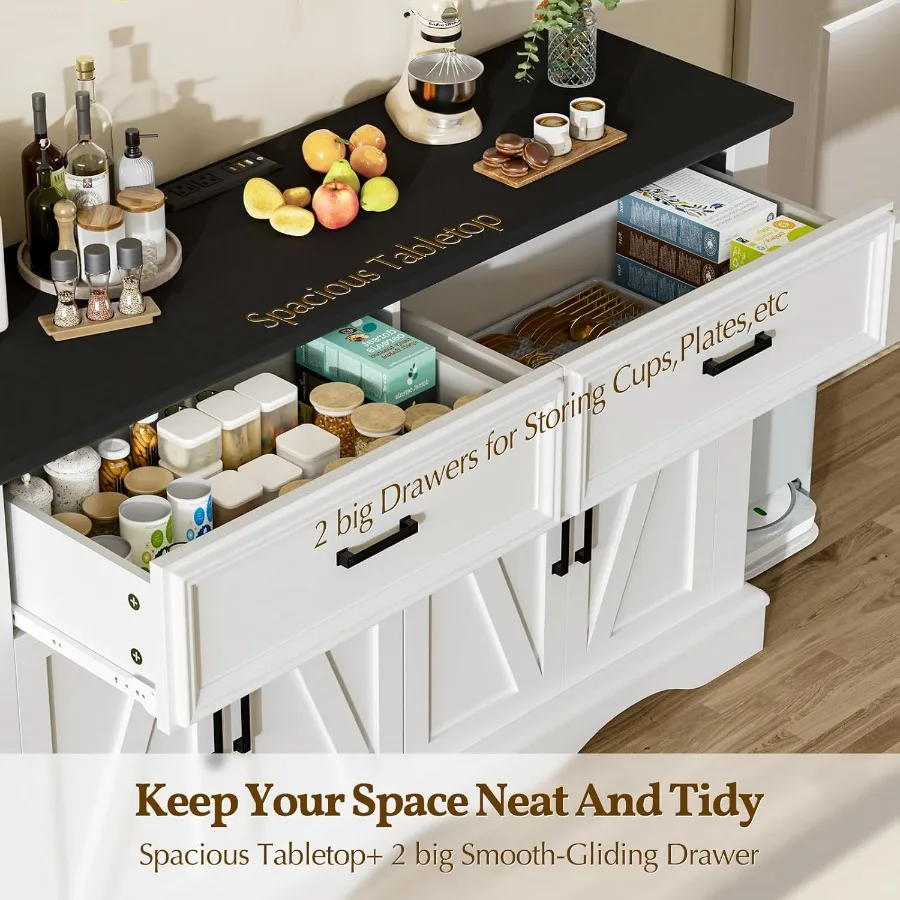 58 خزانة بوفيه جانبية للمزرعة الحديثة مع 4 أبواب و2 أدراج خزانة تخزين المطبخ مع أرفف قابلة للتعديل للقهوة #5