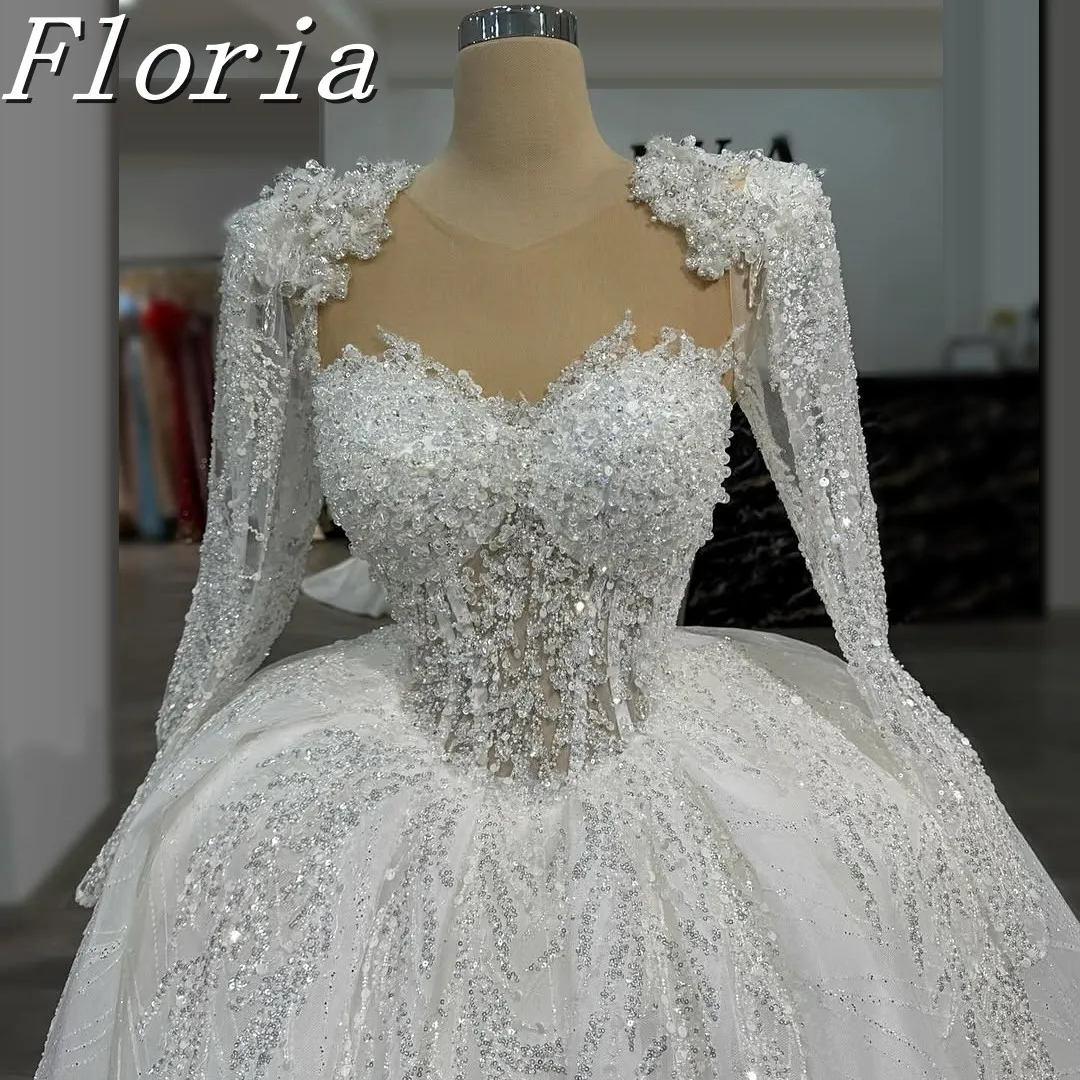 

Luxury Dubai Wedding Dresses 2025 Bride Elegant Beaded Sequined Long Sleeves Anne Neck Arabic Vestidos De Novia Custom Made