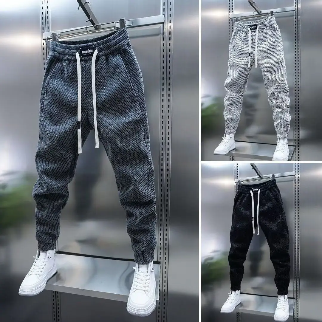 

Модные мужские повседневные брюки на весну-осень с эластичным поясом, утолщенные, с манжетами, свободные спортивные штаны из полиэстера, широкие штанины