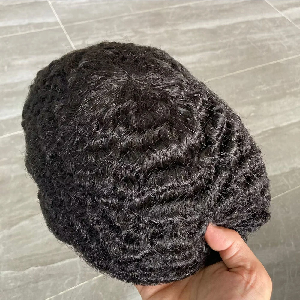 Toupee for Man Europen Human Hair Replacement System Men Hairpiece Mono Lace with PU Around 10mm Deep Curly African American Wig