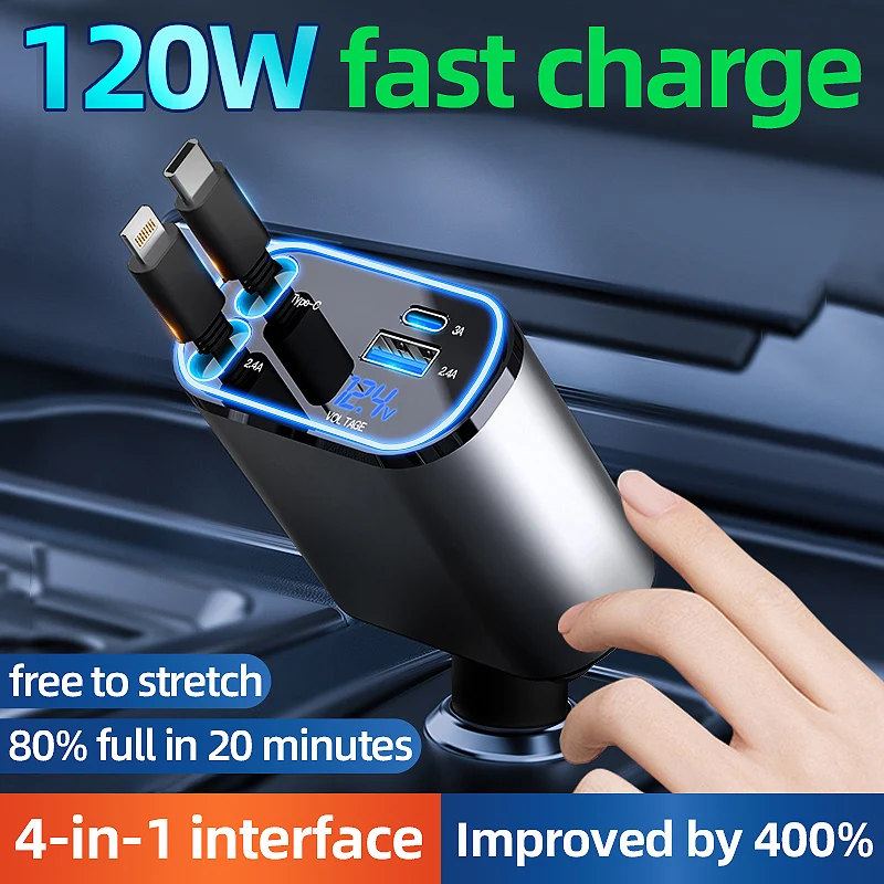 

120w4 in 1 retractable car charger USB C for iPhone Xiaomi Huawei Samsung Fast charging cable cigarette lighter adapter