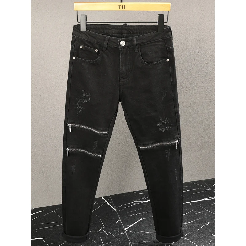 Handsome black jeans men's zipper decoration fashion trend street ripped patch small leg pants