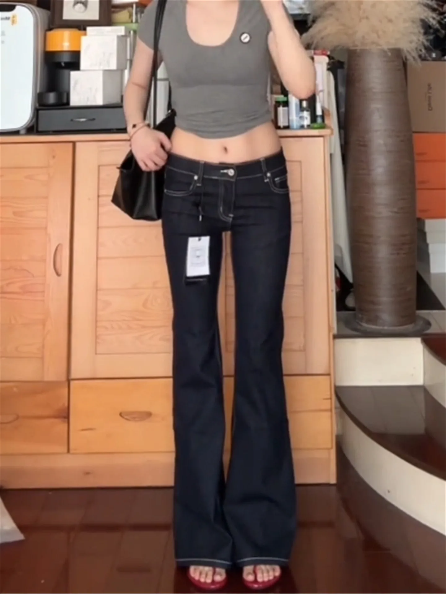 American Design Low Waist Flared Jeans Women's Spring Autumn Tight Slimming Tall Extended High Intelligence Sensation Floor-L...