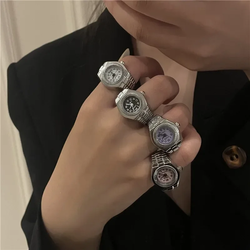 Creative alloy Vintage Y2K Finger Watch Rings for Women Men Elastic Stretchy Roman Quartz Mini Watches Rings Punk anillos Gift