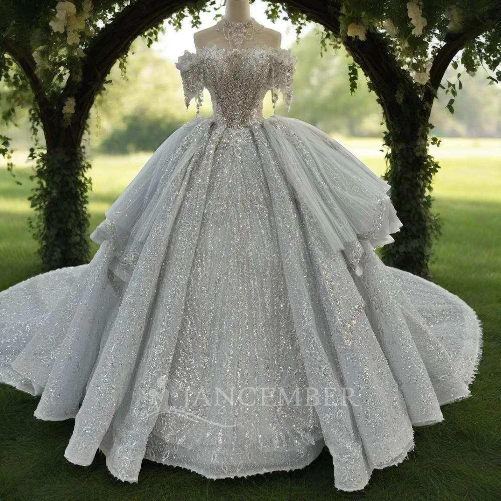 

Elegant Off The Shoulder Bridal Dress Sparkly Sequins Beads Wedding Gown Luxury Ball Gown Long Bride Robe Vestido De Novia 2025