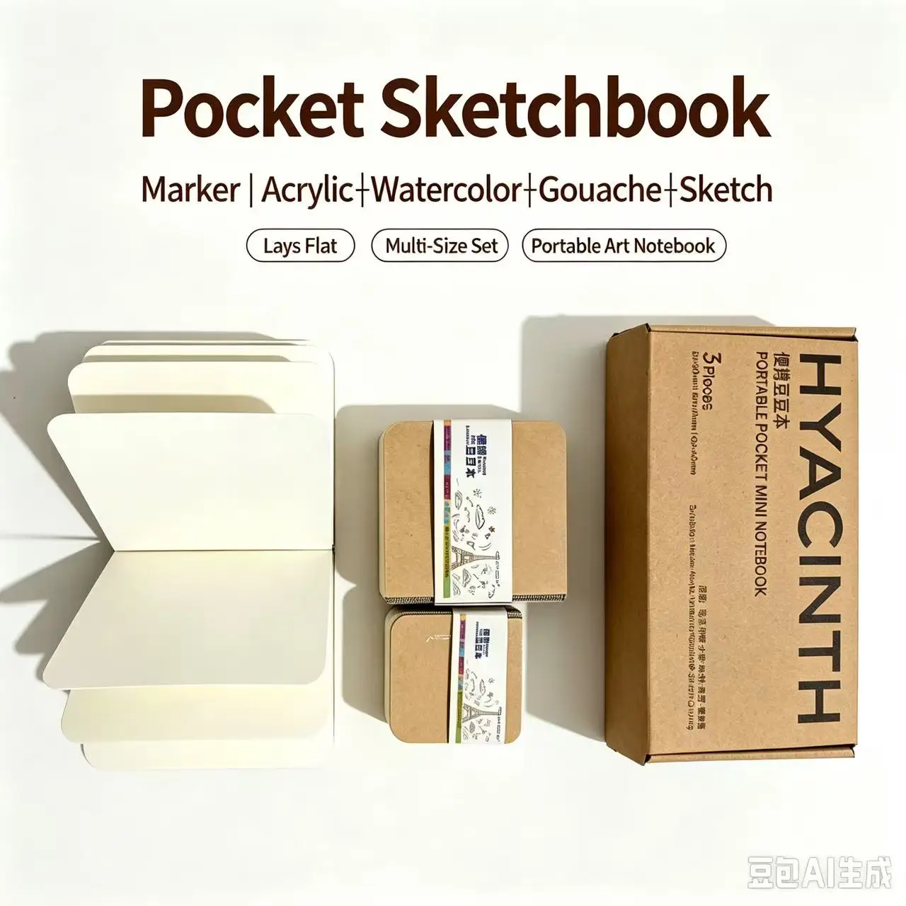 Pocket Square Sketchbook, Medium Grain Blank Pages, Watercolor Acrylic Markers Creative Set, Travel Doodle Gift for Artists