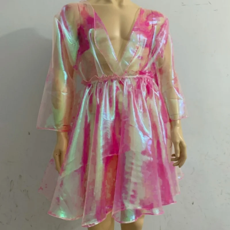 

Man Sexy Organza Laser Hologram A Line Skirts Top Set Women Pink See Through Elastic Waist FKK Private Party Club Costume